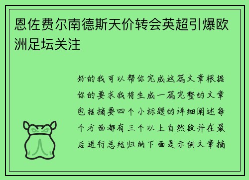 恩佐费尔南德斯天价转会英超引爆欧洲足坛关注